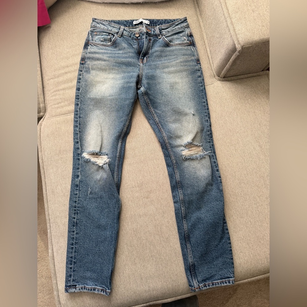 Zara Womens Slim Fit Distressed Jeans - Blue Size 4